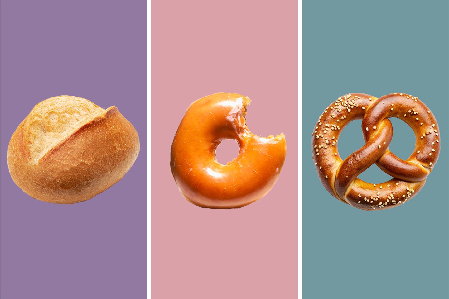 Eine Gegenüberstellung eines Brötchens, eines Donuts und einer Brezel