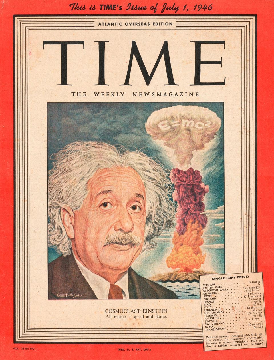 1946 zeigt das "Time Magazine" das Konterfei von Einstein, im Hintergrund steigt ein Atompilz auf, darin steht E=mc2. Das Cover verknüpft im öffentlichen Bewusstsein die Atombombe mit Einsteins Formel. Dabei war sie gar nicht der entscheidende wissenschaftliche Durchbruch auf dem Weg zur Atombombe