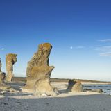 The famous lime stone rocks, called raukar, at Langhammars on the island Fårö, Sweden, in the light of the morning sun