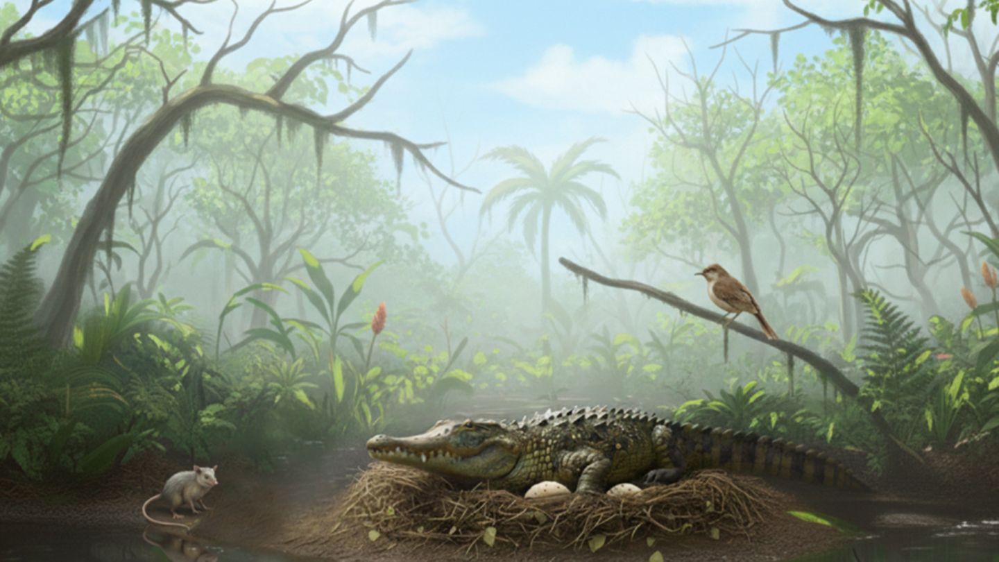 So könnte der Lebensraum der Urzeitkrokodile ausgesehen haben: Sie legten ihre Eier vermutlich am Ufer des Murgon Lake, der damals von üppigen Wäldern umgeben war