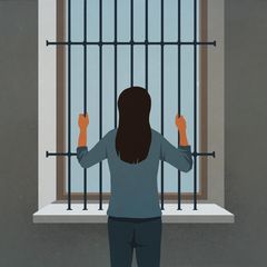 Illustration einer Frau, die vor dem vergitterten Fenster eine Gefängniszelle steht
