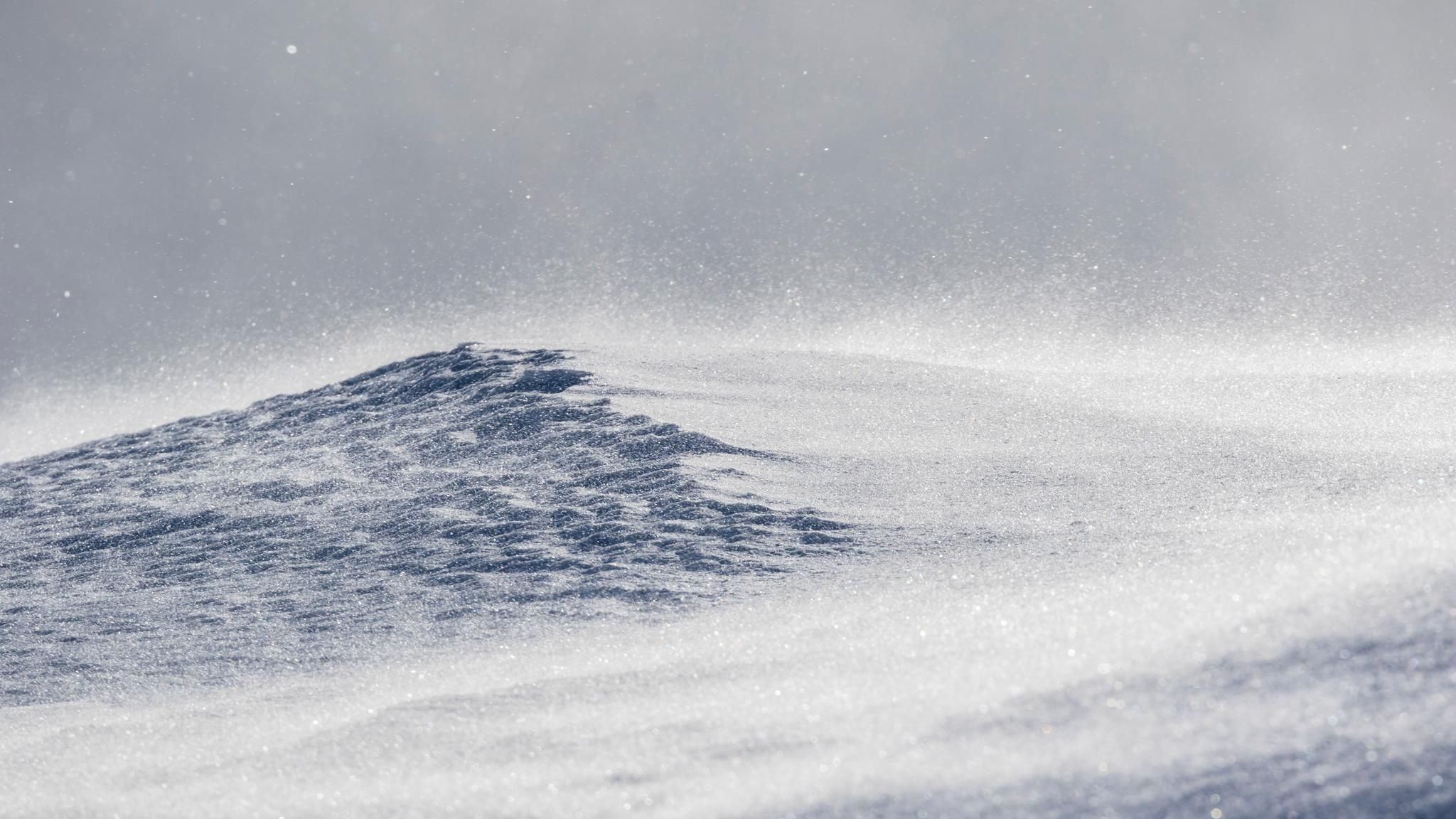 Ein Schneesturm peitscht über eine Bergkuppe