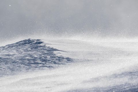 Ein Schneesturm peitscht über eine Bergkuppe