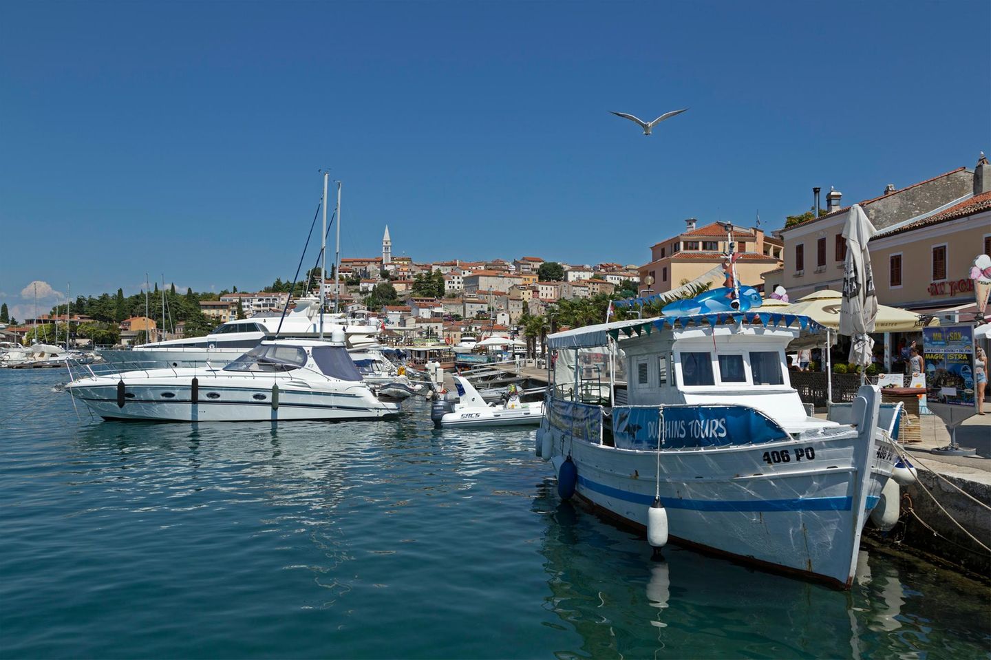 Der Hafen von Vrsar in Kroatien mit Booten vorne  und Stadt im Hintergrund