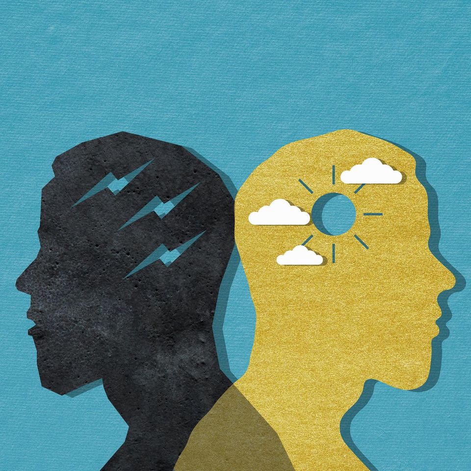 Illustration eines Mannes im Profil mit zwei verschiedenen Geisteszuständen