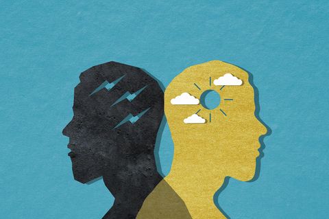 Illustration eines Mannes im Profil mit zwei verschiedenen Geisteszuständen