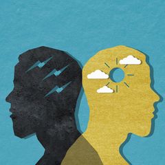 Illustration eines Mannes im Profil mit zwei verschiedenen Geisteszuständen