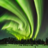 Spirale aus grünem Polarlicht über einer Schneelandschaft mit dunklen Bäumen