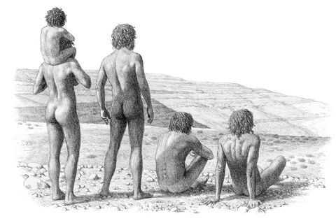 Gruppe von Homo Ergaster gezeichnet von hinten