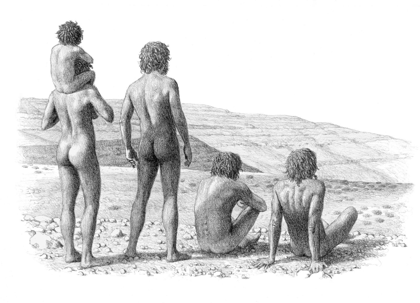 Gruppe von Homo Ergaster gezeichnet von hinten