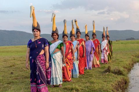 Frauen in einer Reihe mit Marabu-Hüten