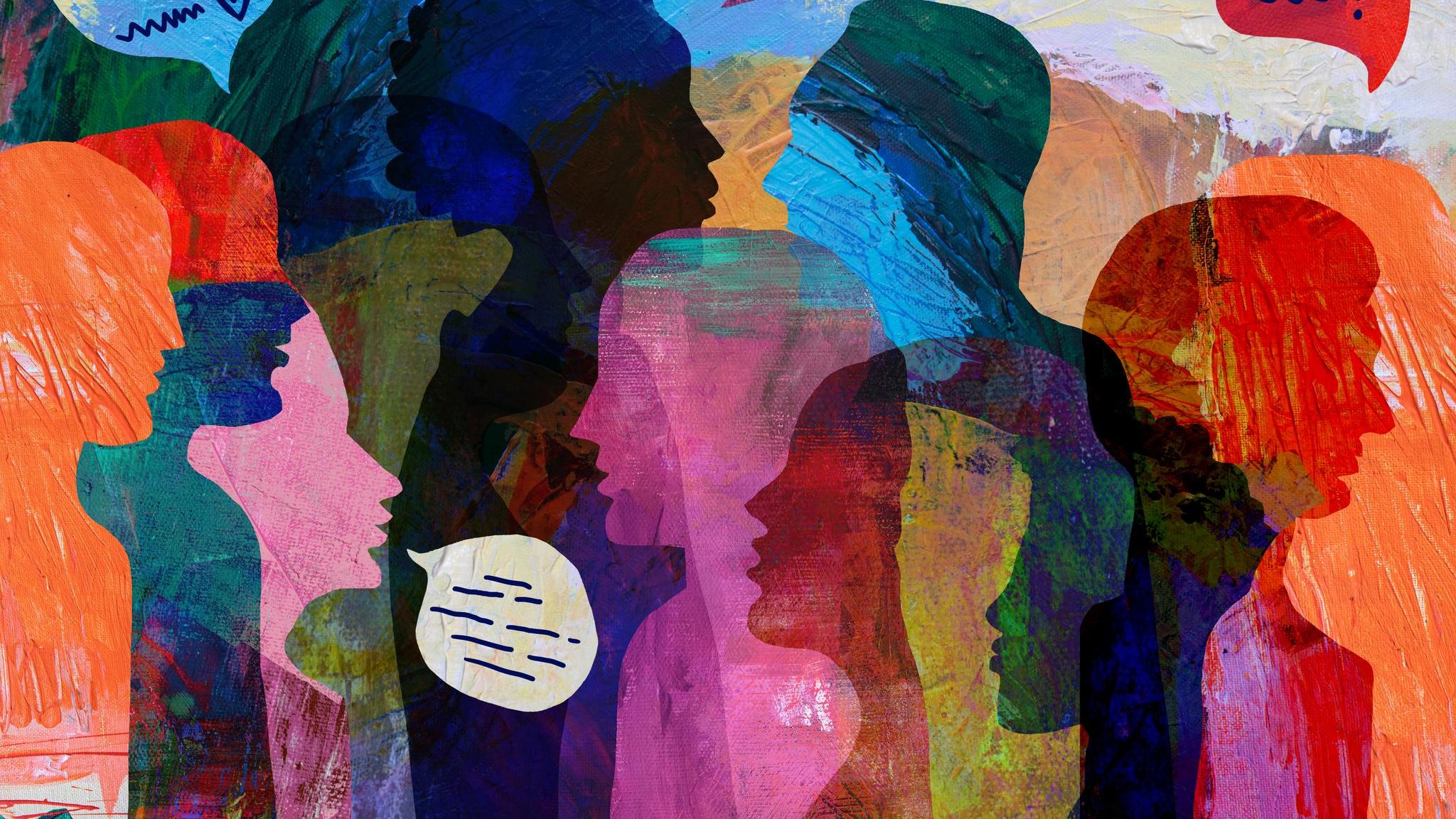 Gemalte Illustration verschiedener Menschen Köpfe, die reden mit Sprechblasen