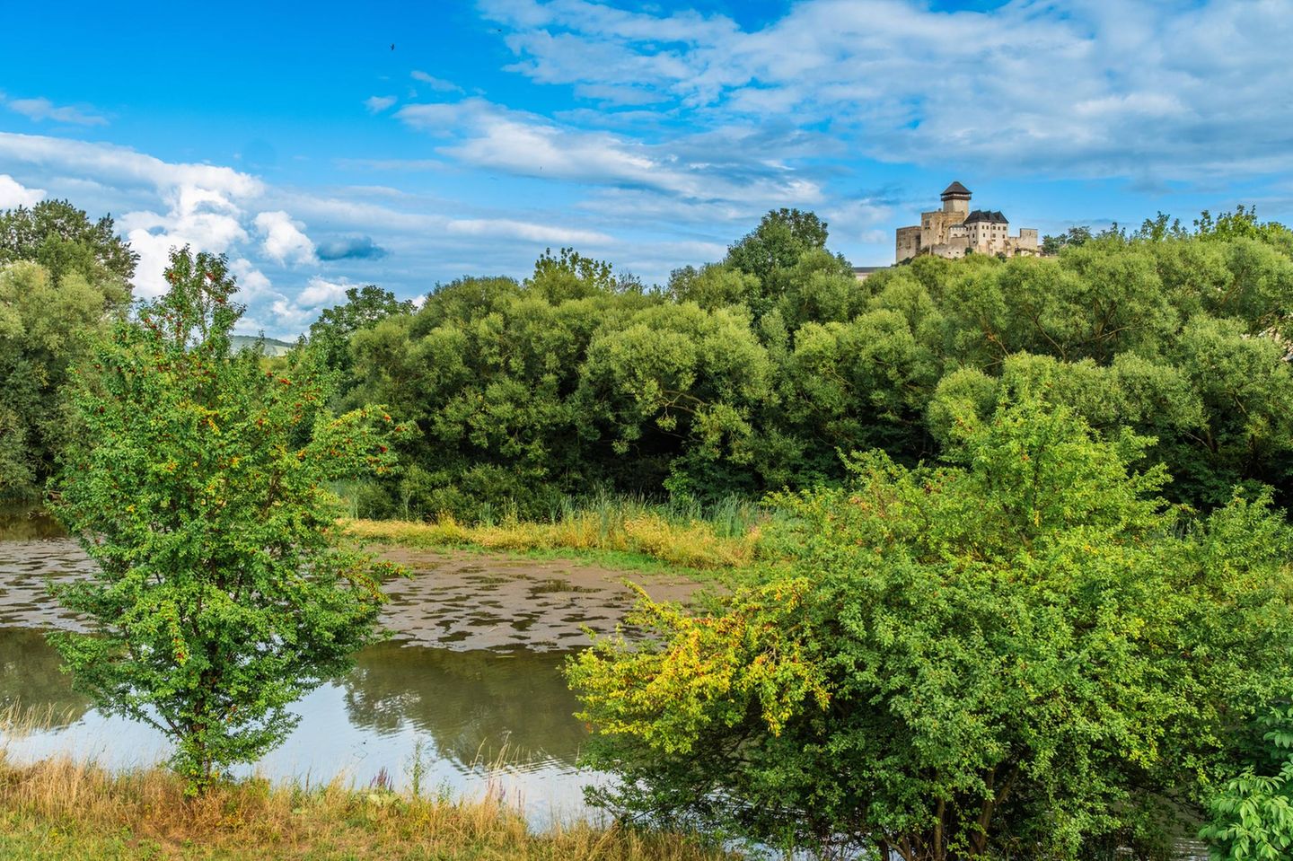 Blick vom Ufer der Waag auf die Burg Trenčín