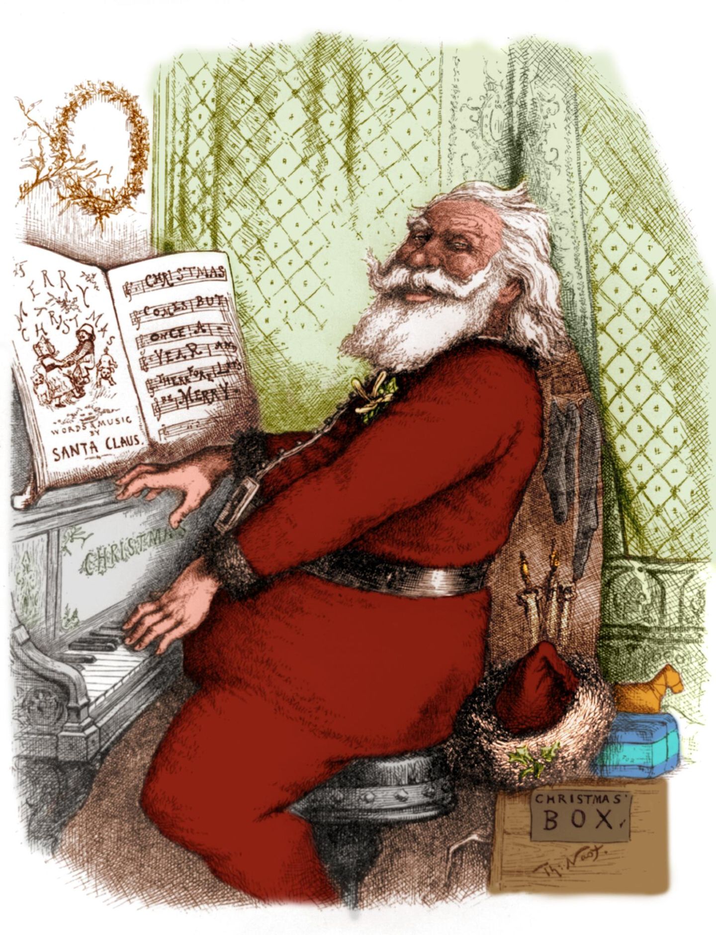 Weihnachtsmann illustriert am Klavier