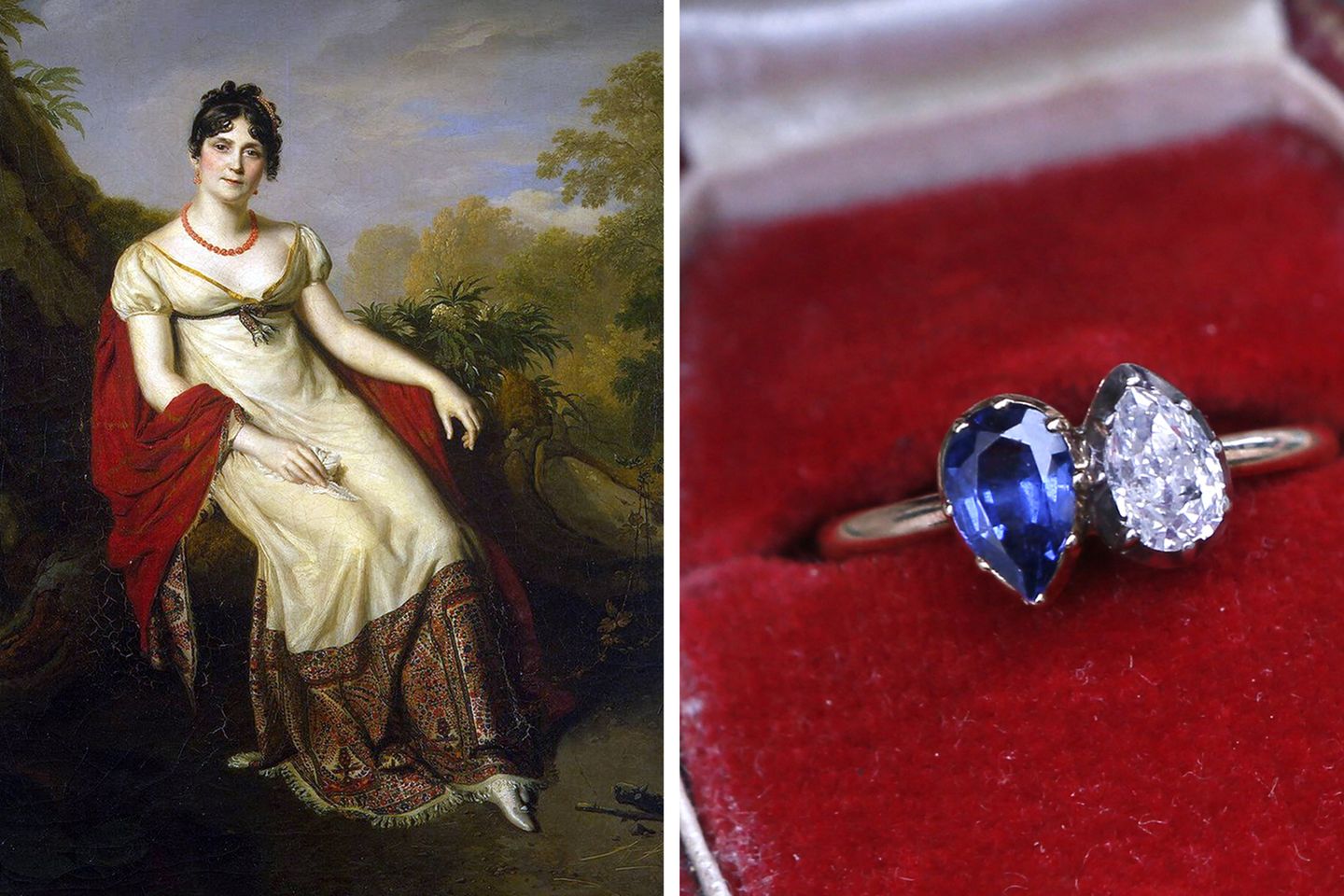 Ein Porträt von Joséphine de Beauharnais, der ersten Frau von Napoléon Bonaparte und ein Bild es ersten Toi-et-Moi-Ring