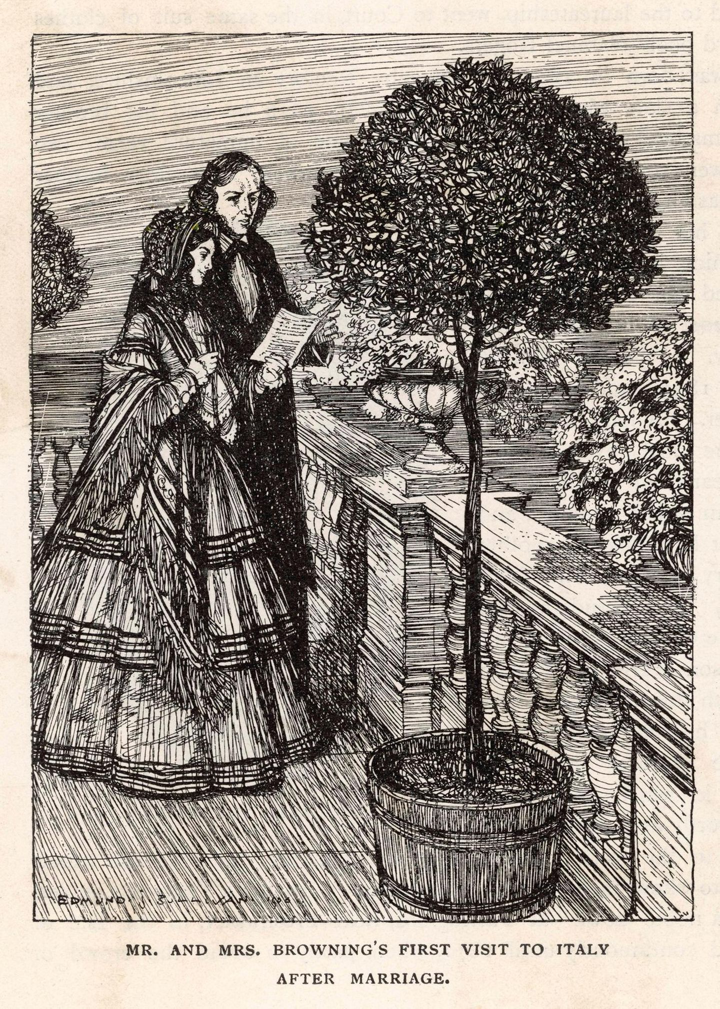 Eine Zeichnung von Robert und Elizabeth Browning während ihrer Italienreise nach ihrer Hochzeit