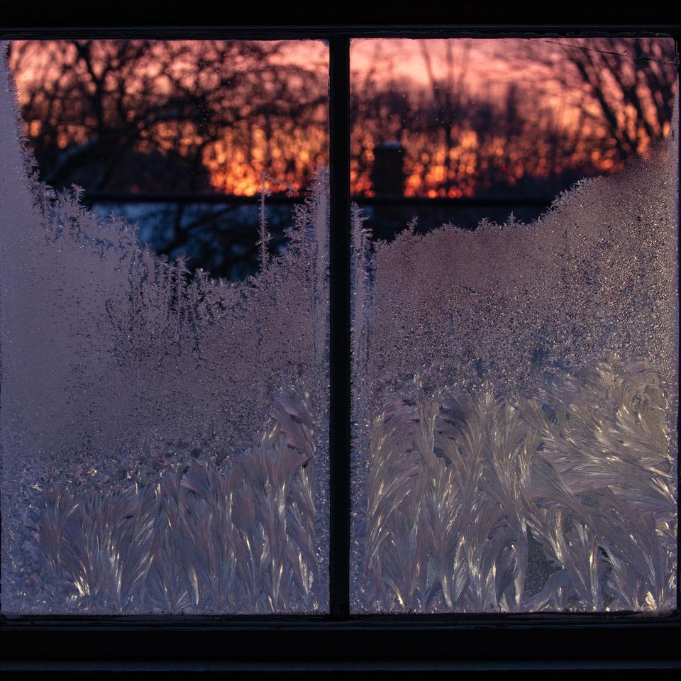 Wie gerahmte Kunstwerke erscheinen die gefrorenen ­Fenster auf Peter A. Jeschkes alter Farm im Osten der USA. Das Licht der ­aufgehenden Sonne bricht sich in den Kristallstrukturen