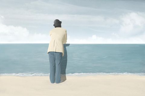 Illustration Mann von hinten schaut aufs Meer - surreal