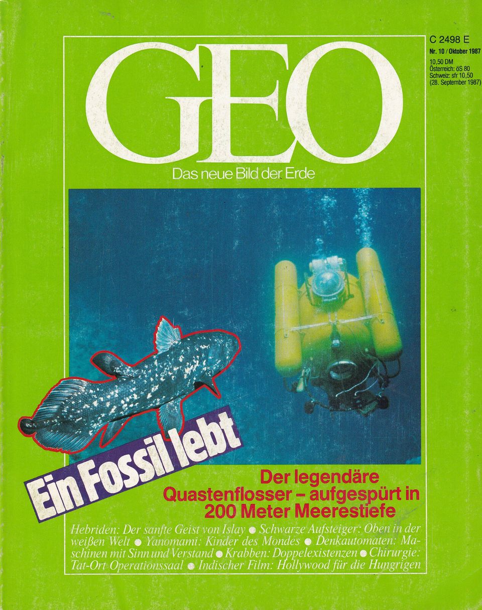 Titel des GEO-Magazins: in breitem grünen Rahmen die Fotos eines gelben Tauchbootes unter Wasser und eines Quastenflossers