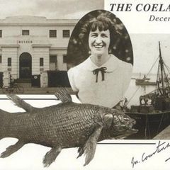 Schwarzweiß-Postkarte mit vier Fotos: ein klassizistisches Gebäude, eine lachende Frau, ein Fischkutter, ein Fisch