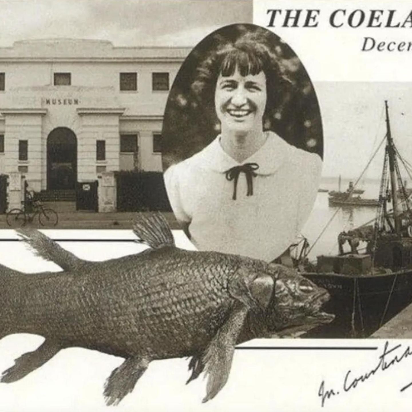 Schwarzweiß-Postkarte mit vier Fotos: ein klassizistisches Gebäude, eine lachende Frau, ein Fischkutter, ein Fisch