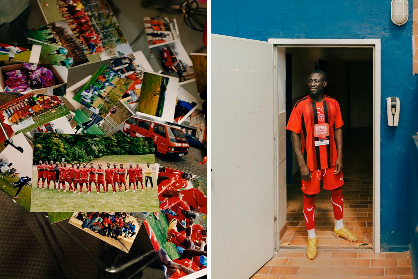 Links: Alte Fotos des "Team Afrika", Rechts: Abubacarr Sawo im Hügelheimer Teamtrikot