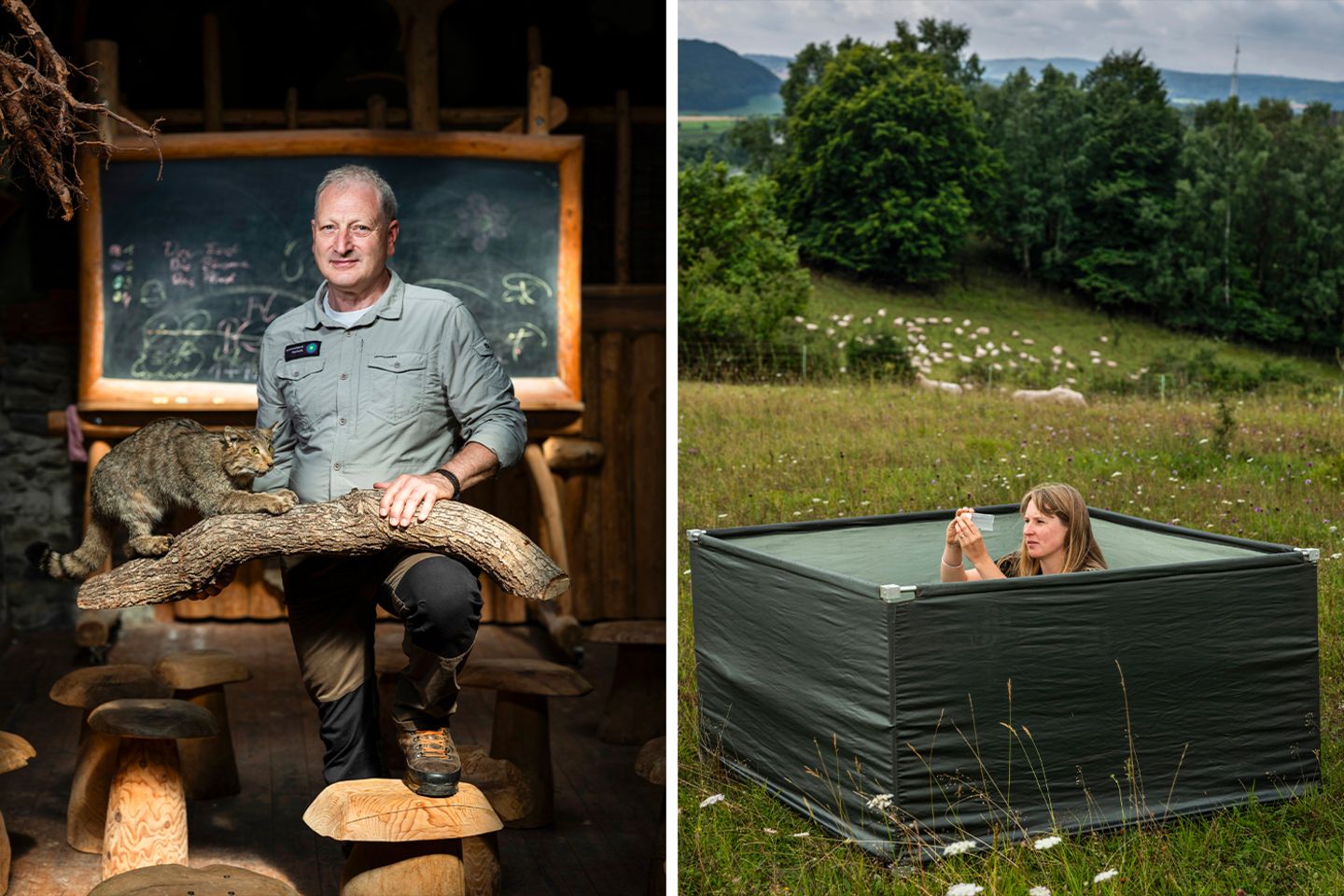 Links: Direktor Rüdiger Biehl in der Umweltbildungsstation im Nationalpark Hainich, Rechts: Landschaftsökologin Hannah Kalthoff