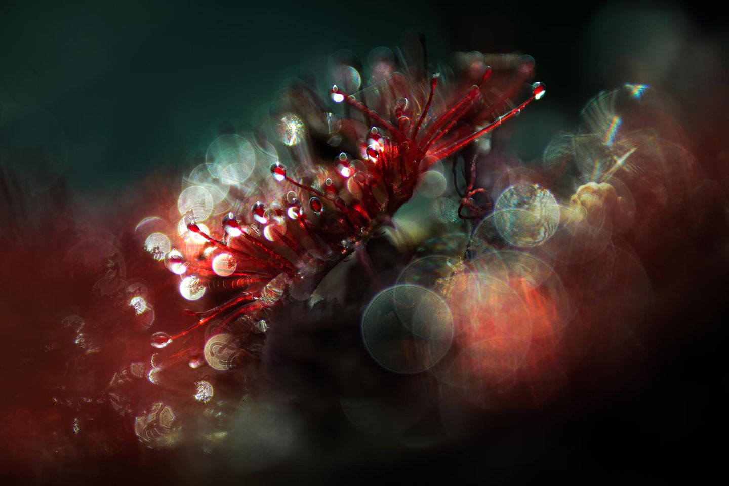 Sonnentau-Pflanzen sind tückische Jäger: Mit Klebetropfen an ihren tentakelartigen Blättern fangen sie Insekten als Beute. Gerhard Foltz spürte diese tiefrote Fleischfresser-Pflanze in einem Moor in der Rhön auf - und porträtierte sie so, dass die klebrigen Fallen und Lichtreflexe der Sonne wie in einem impressionistischen Bild zu verschmelzen scheinen. 