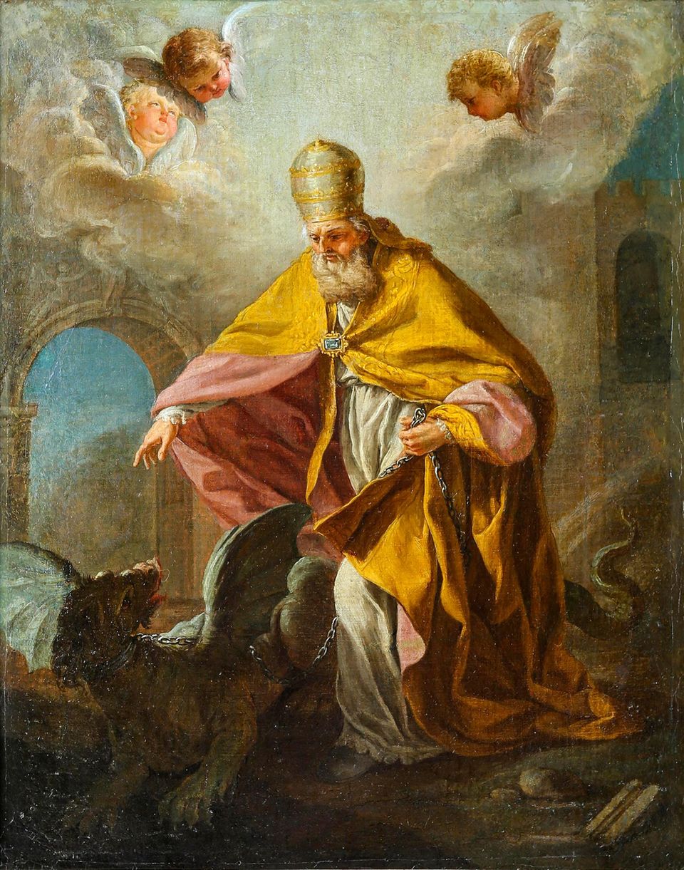 Ein Drache verbreitet im alten Rom mit seinem "Pesthauch" tödliche Krankheit, bis Papst Silvester ihn im Auftrag Kaiser Konstantins in einer Höhle bezwingt, so eine Legende um den Heiligen. Der Drache steht symbolisch für Heidentum, Teufel und Chaos, Silvesters Sieg für die Überlegenheit des christlichen Gottes und die Bekehrung der Heiden 