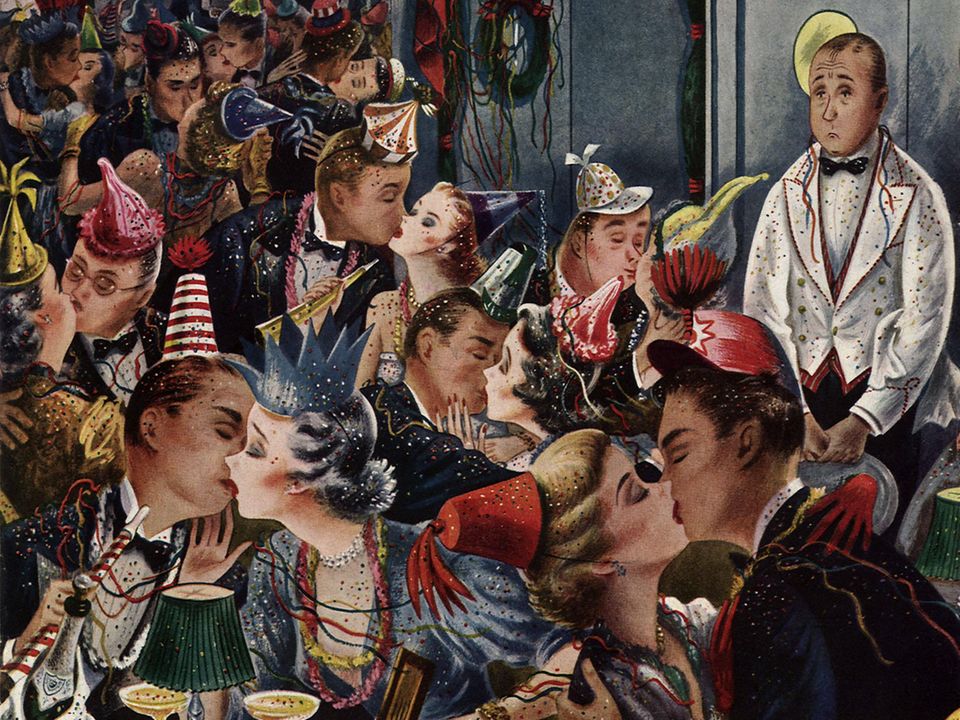 1949 malt der armenisch-amerikanische Zeichner Constantin Alajalov den Silvesterabend: Sein Bild nennt er "31. Dezember 1949: Mitternacht und niemand zum Küssen". Auch zum Jahreswechsel auf 2026 suchen einige noch eine Person zum Knutschen