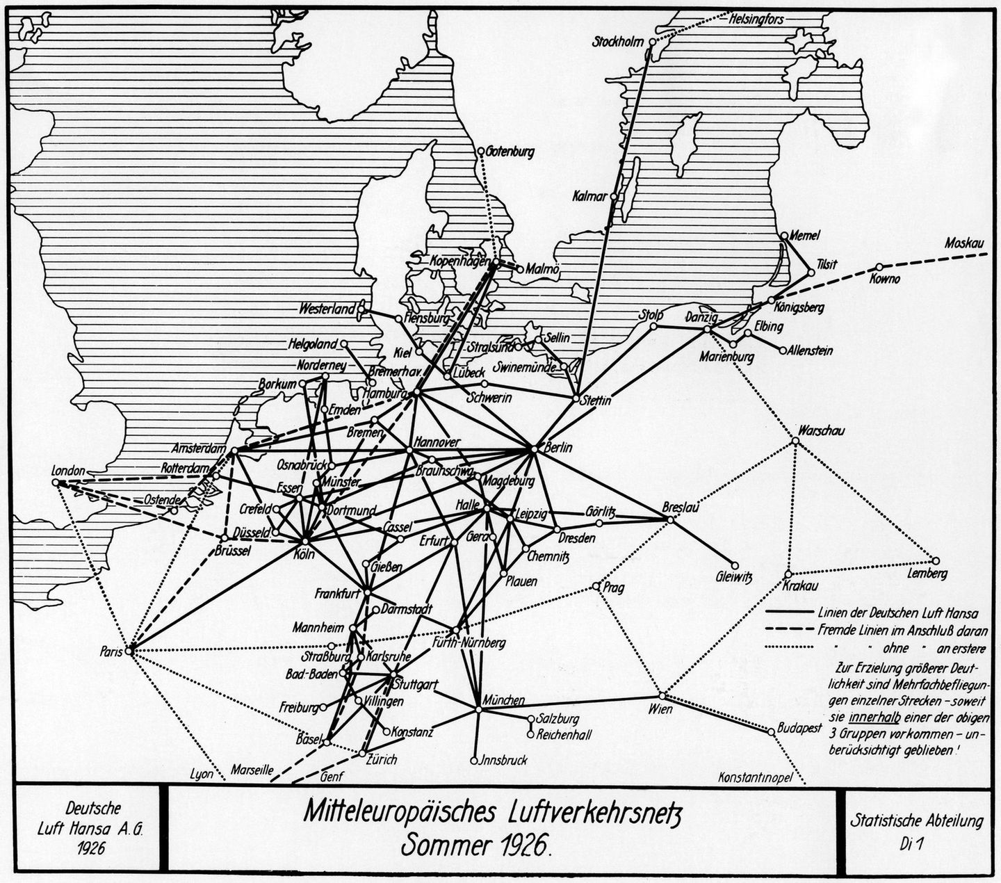 Karte Luftverkehrsnetz in Mitteleuropa 1926