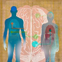 Illustration: Zwei menschliche Silhouetten mit Verbindungen zu einem Gehirn