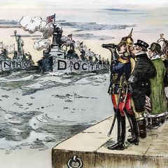 Dampfende Kriegsschiffe der USA, die von den Mächtigen Europas beobachtet werden; Karikatur, um 1904