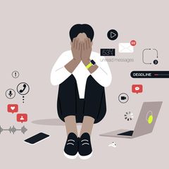 Illustration eines erschöpften Mannes inmitten digitaler Geräte