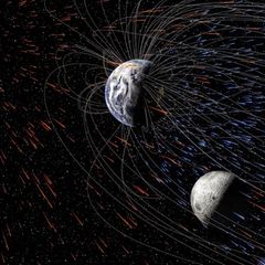 Das Weltall mit Sonne, Mond und Erde sowie der Darstellung von Sonnenwinden und der Erdatmosphäre