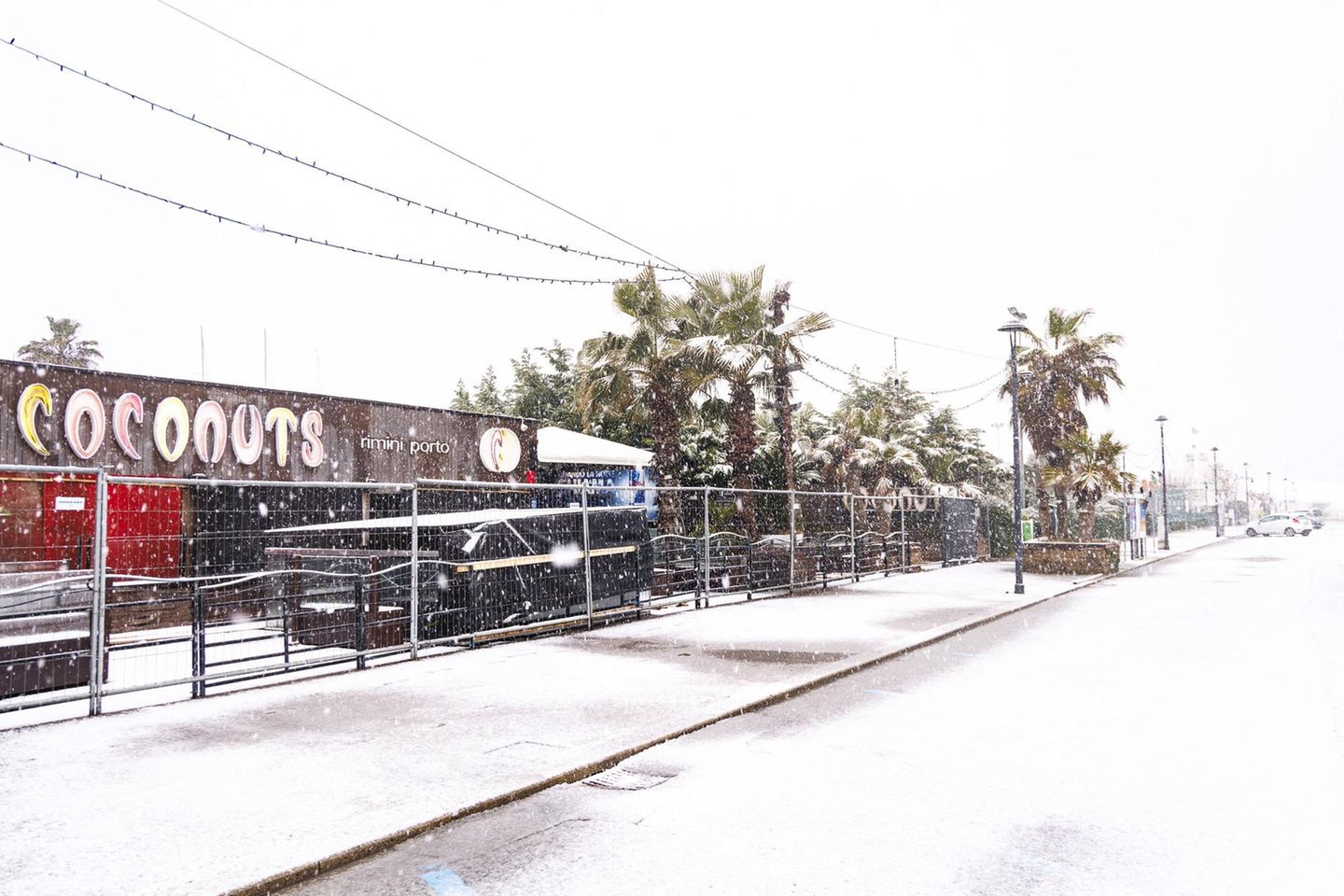Verschneite Straße mit Palmen in Rimini