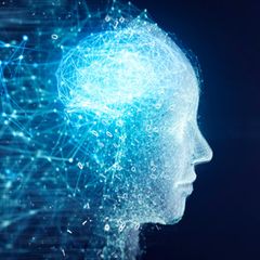 Seitenansicht eines KI Roboters mit Netzwerken