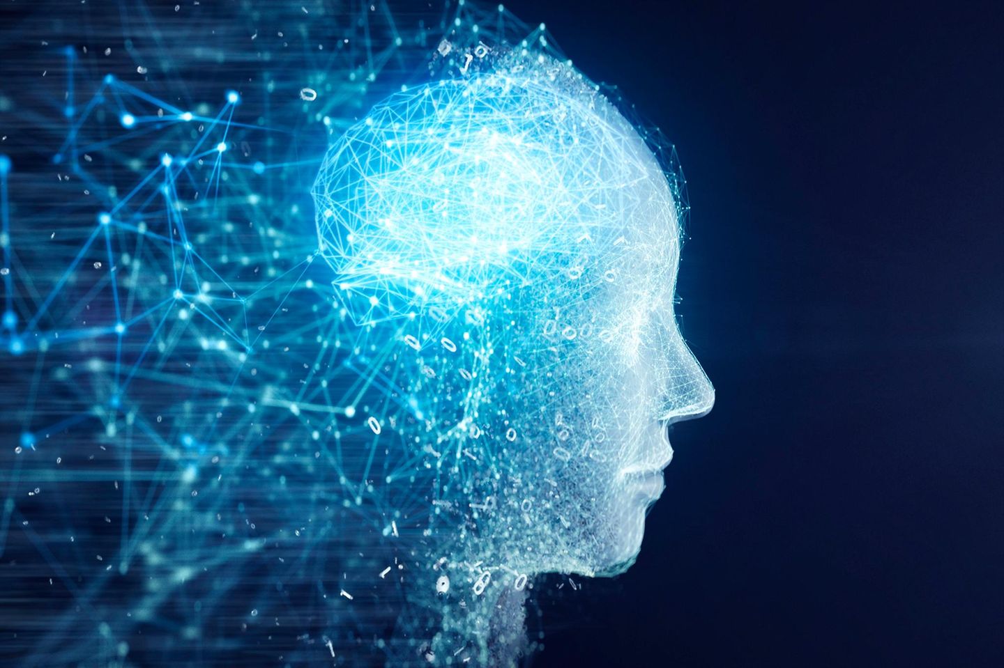 Seitenansicht eines KI Roboters mit Netzwerken