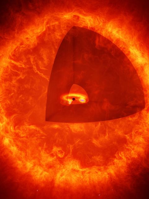 Schwarzloch-Sterne ähneln äußerlich dem Feuerball der Sonne. Doch statt von Kernfusion werden sie von einem Schwarzen Loch in ihrem Zentrum angetrieben. In der künstlerischen Darstellung ist ein keilförmiger Teil der Gashülle entfernt, um einen Blick ins Innere zu ermöglichen  ©MPIA/HdA/T. Müller/A. de Graaff