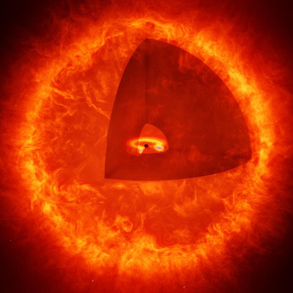 Schwarzloch-Sterne ähneln äußerlich dem Feuerball der Sonne. Doch statt von Kernfusion werden sie von einem Schwarzen Loch in ihrem Zentrum angetrieben. In der künstlerischen Darstellung ist ein keilförmiger Teil der Gashülle entfernt, um einen Blick ins Innere zu ermöglichen  ©MPIA/HdA/T. Müller/A. de Graaff