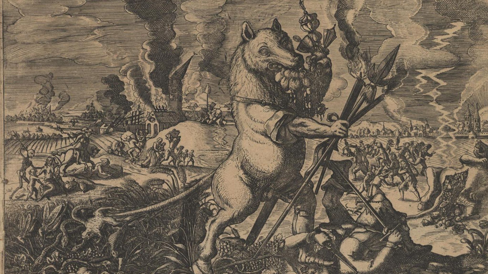 Ein Monster mit dem Kopf eines Wolfes. Das Flugblatt aus dem Dreißigjährigen Krieg ist Teil der Ausstellung "Natur und deutsche Geschichte" im Deutschen Historischen Museum