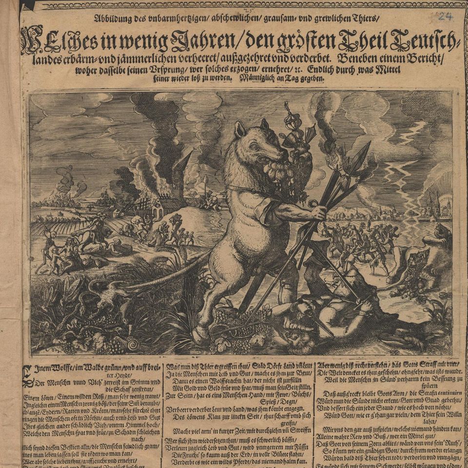 Ein Monster mit dem Kopf eines Wolfes. Das Flugblatt aus dem Dreißigjährigen Krieg ist Teil der Ausstellung "Natur und deutsche Geschichte" im Deutschen Historischen Museum