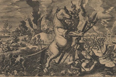 Ein Monster mit dem Kopf eines Wolfes. Das Flugblatt aus dem Dreißigjährigen Krieg ist Teil der Ausstellung "Natur und deutsche Geschichte" im Deutschen Historischen Museum