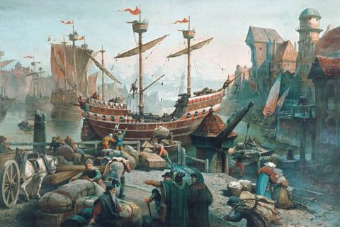 Ein Hansehafen, an dem Güter von einem Schiff getragen werden