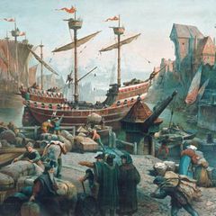 Ein Hansehafen, an dem Güter von einem Schiff getragen werden