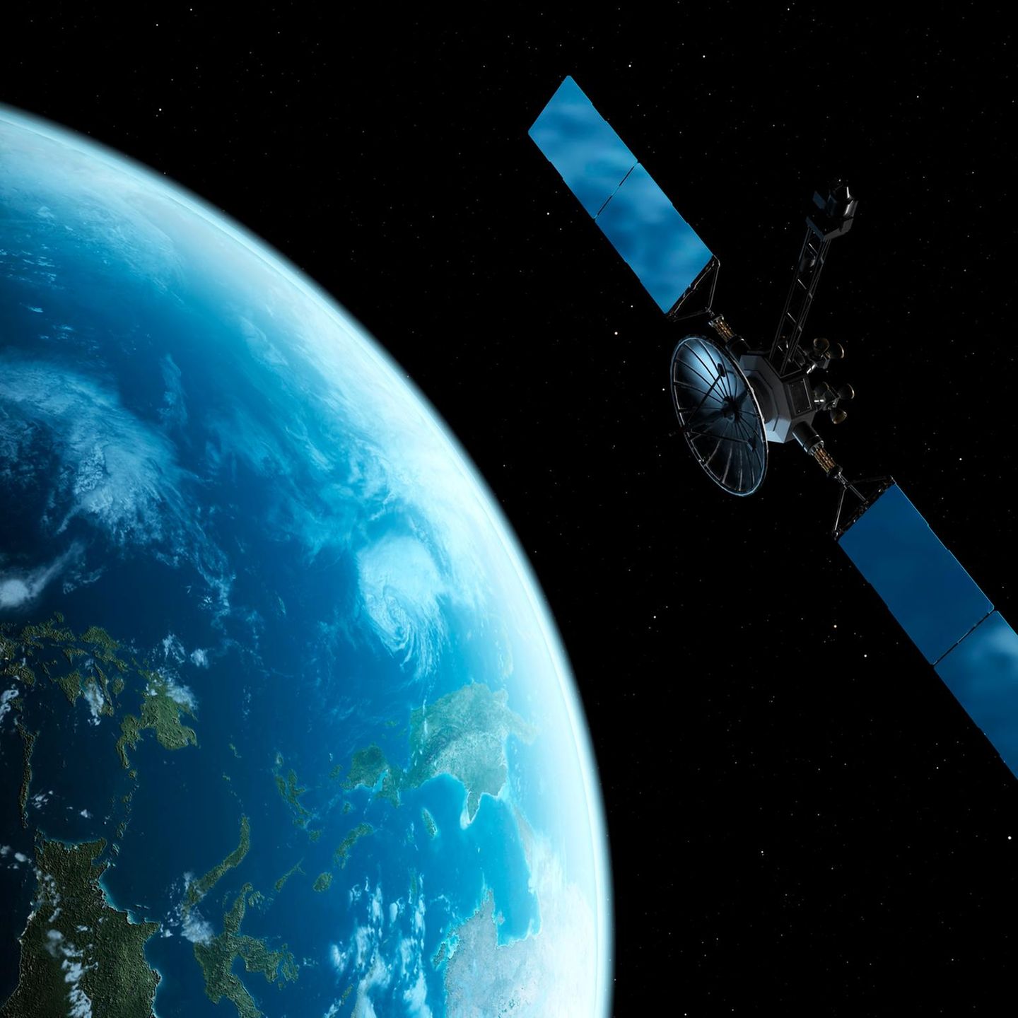 Computermontage von einem Satelliten der über der Erde im All schwebt