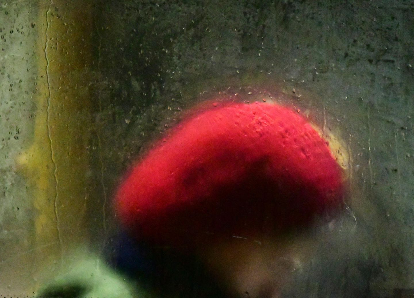 Person mit roter Mütze im Bus