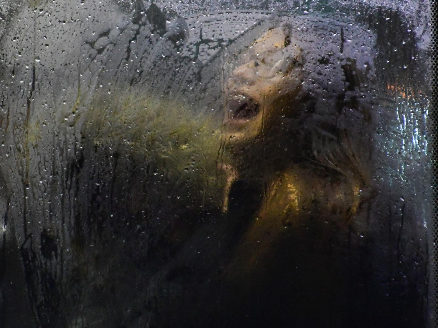 Frau mit geöffnetem Mund im Bus