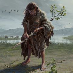 Künstlerische Rekonstruktion einer Frau, die ein Holzwerkzeug herstellt