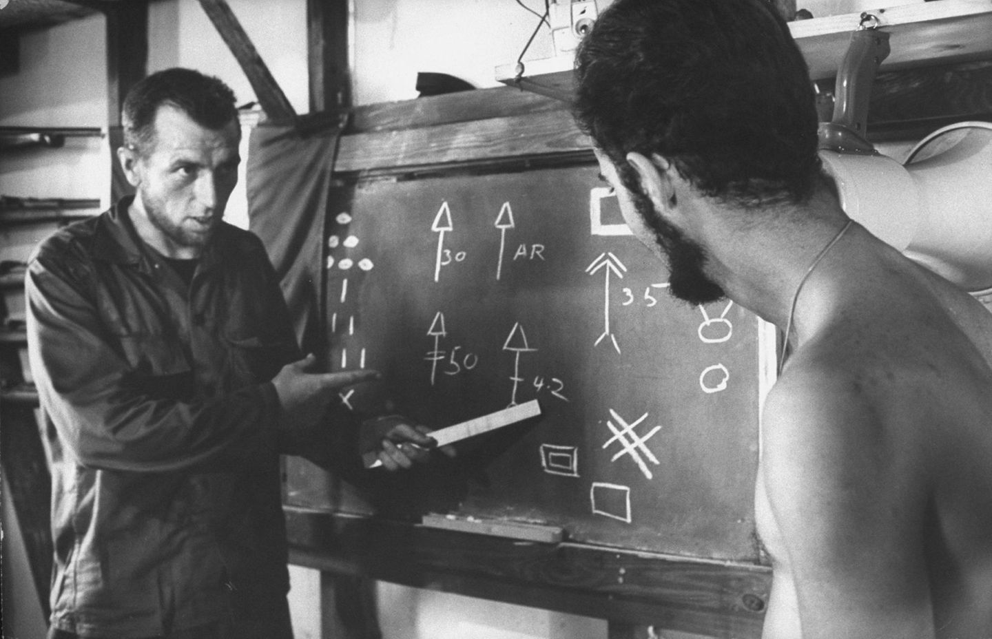 Ein Mann instruiert einen zweiten an einer Tafel voller Zeichen